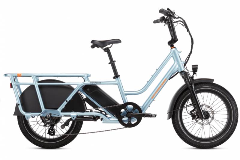 Rad Power Bike's RadWagon 5 Electric Cargo Bike in metallic blue.