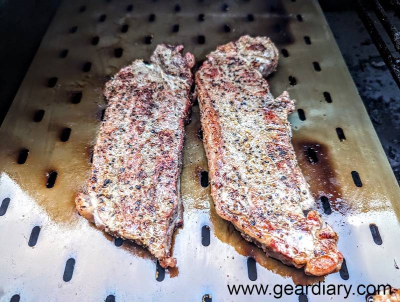 Steaks cooked on the flat side of the Traeger ModiFIRE Sear Grate.
