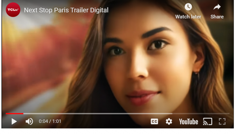 Scene from TCL AI movie "Next Stop Paris" showing the main female character.