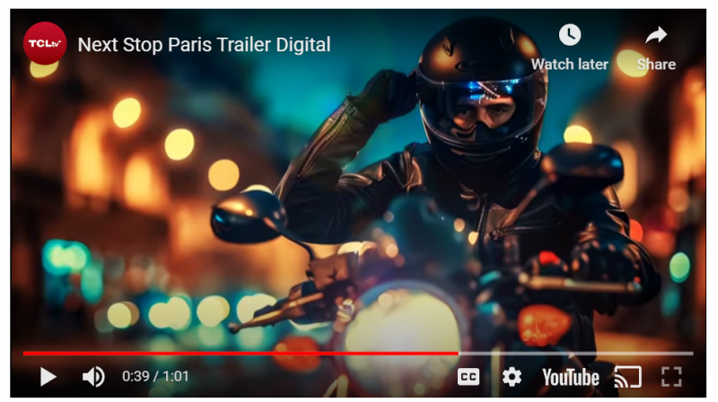 Motorcycle rider in a scene from TCL's AI movie "Next Stop Paris."
