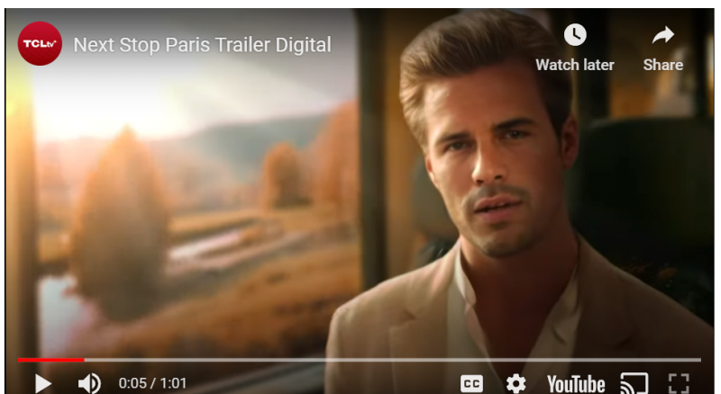 Scene from TCL AI movie "Next Stop Paris" showing  the main male character.