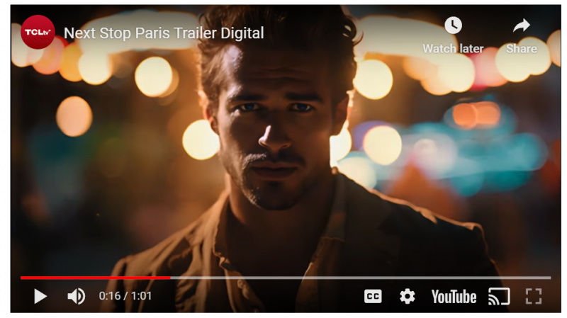 Scene from TCL AI movie "Next Stop Paris" showing the main male character looking brooding. 
