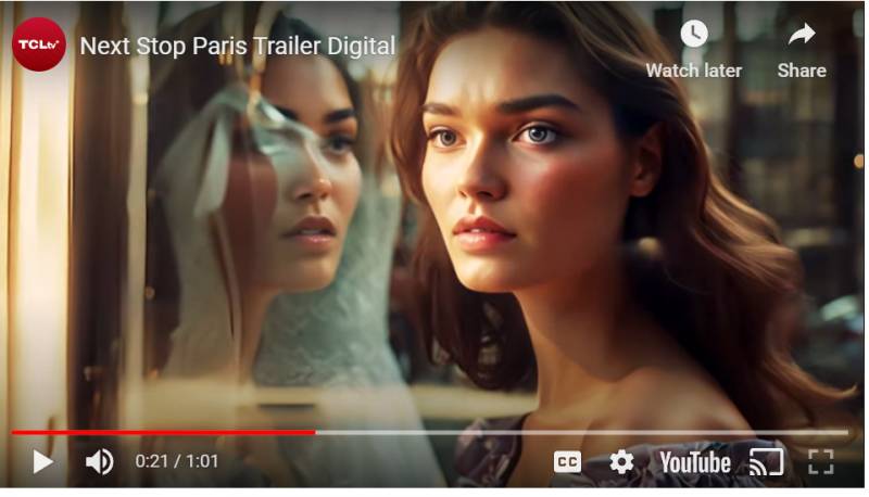 Scene from TCL AI movie "Next Stop Paris" showing the main female character.