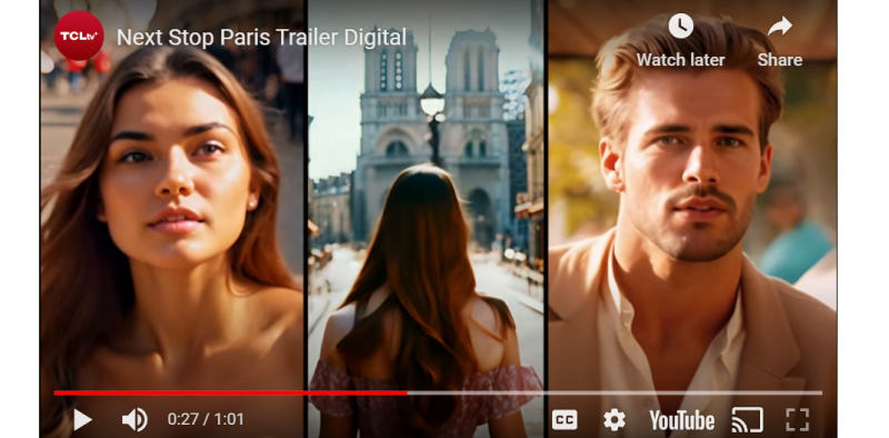 Scene from TCL AI movie "Next Stop Paris" showing the main female and male characters.