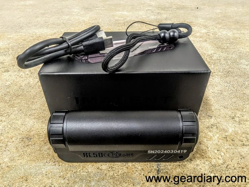 Contents of the Imalent BL50 Dual Light Sources EDC Flashlight box include the light, a lanyard, and a charging cable