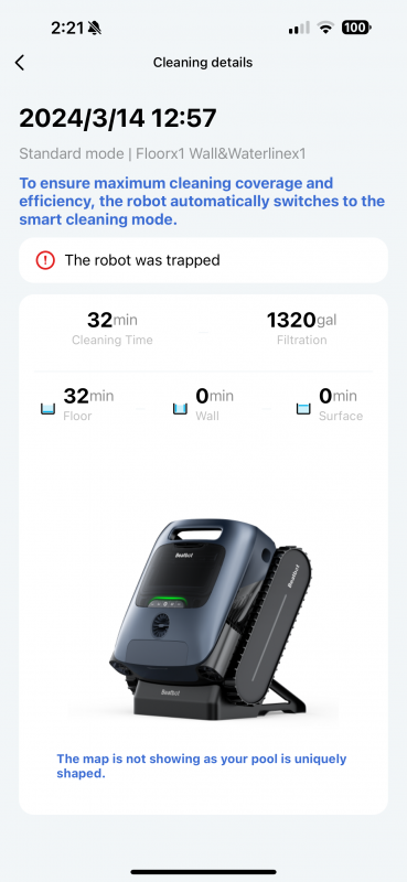 Beatbot App showing that the robot was trapped during cleaning. 