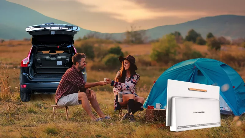 SKYWORTH Companion Portable Google TV (24P100) shown on a campsite