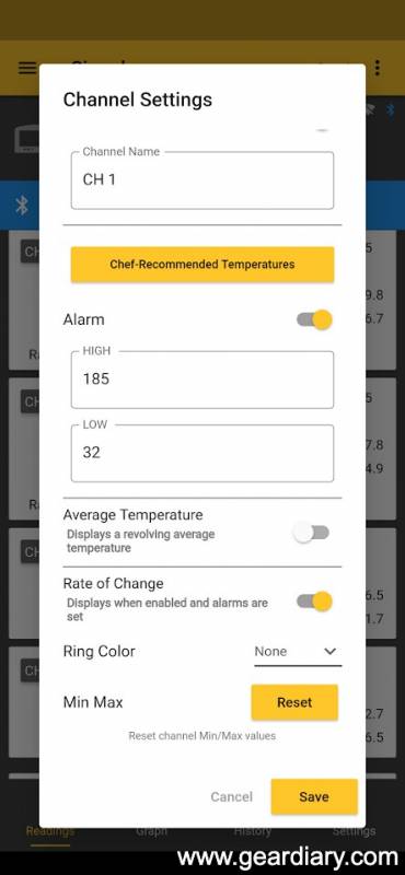 Chef recommended temperatures on the ThermoWorks app.
