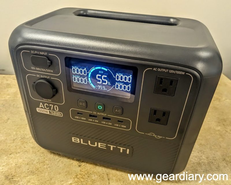 Front of the BLUETTI AC70 Portable Power Station with the display turned on