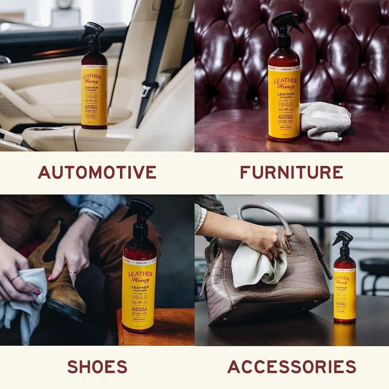 Stock photo of various uses for Leather Honey Leather Cleaner for automotive, furniture, shoes, and accessories. 
