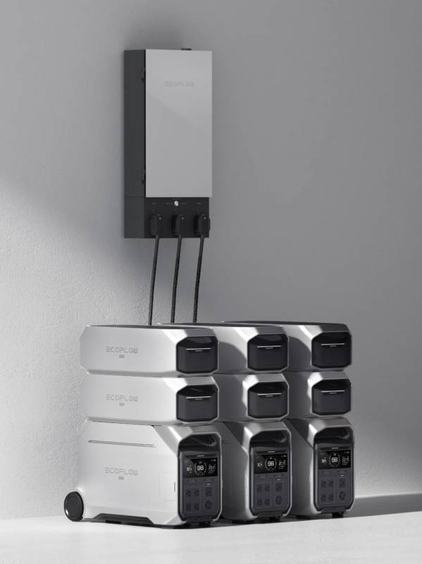 Three stacked EcoFlow DELTA Pro 3s and DELTA Pro 3 Smart Extra Batteries with the EcoFlow Smart Home Panel 2.
