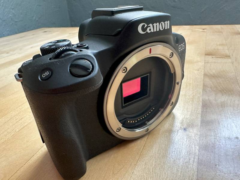 The Canon EOS R50 with the lens removed