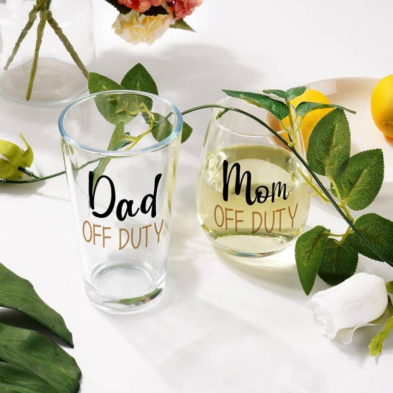 Dad & Mom Off-Duty Beer Glass and Stemless Wine Glass Combo