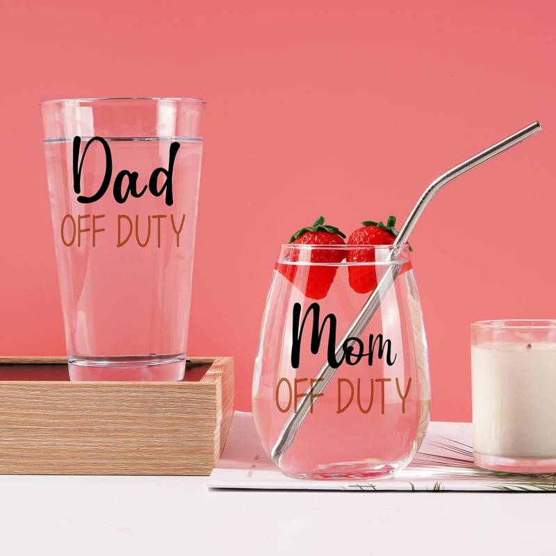 Dad & Mom Off-Duty Beer Glass and Stemless Wine Glass Combo