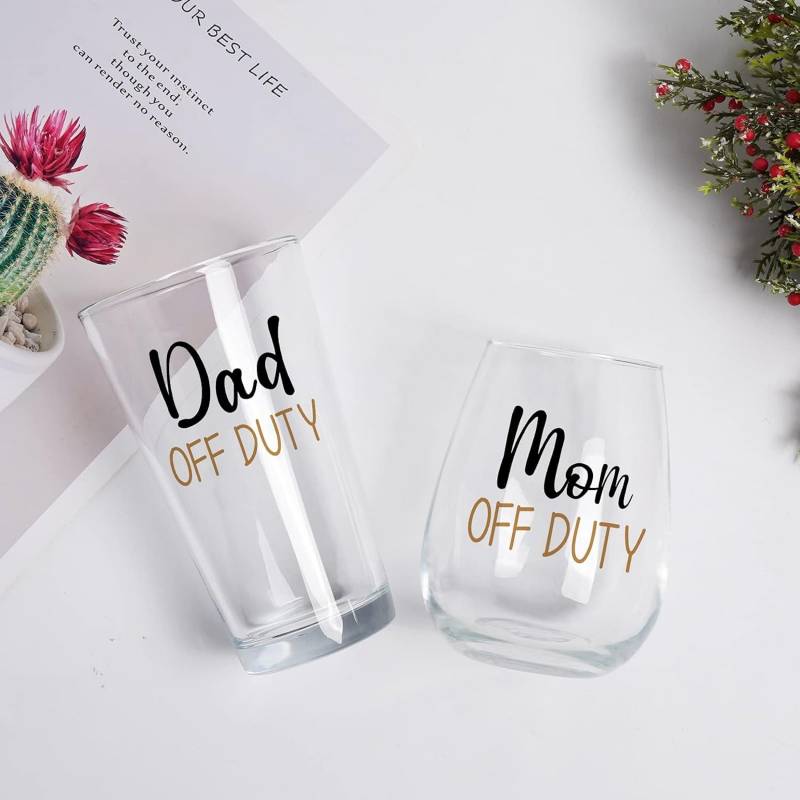 Dad & Mom Off-Duty Beer Glass and Stemless Wine Glass Combo