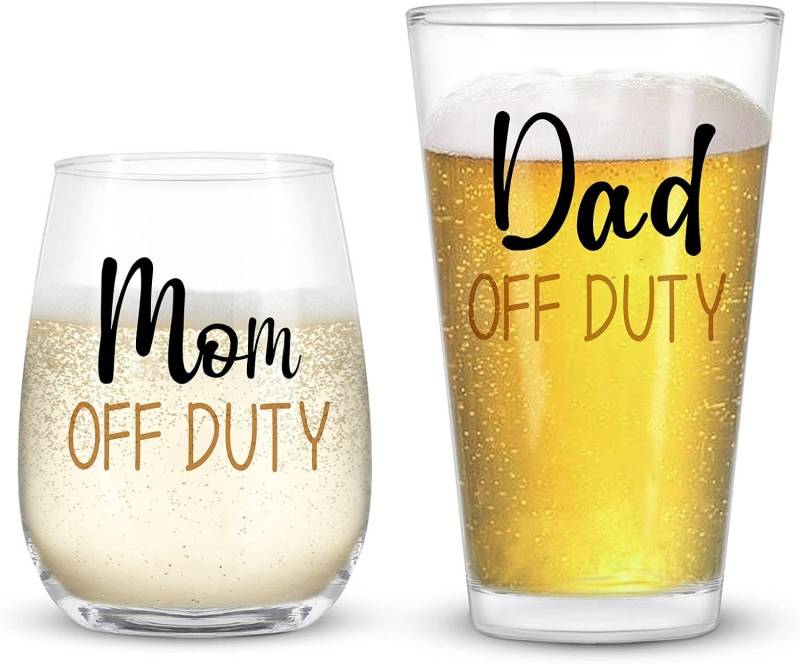 Dad & Mom Off-Duty Beer Glass and Stemless Wine Glass Combo