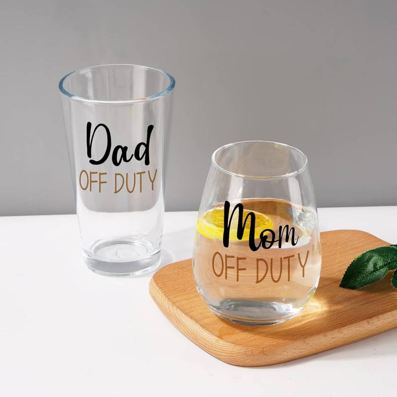 Dad & Mom Off-Duty Beer Glass and Stemless Wine Glass Combo