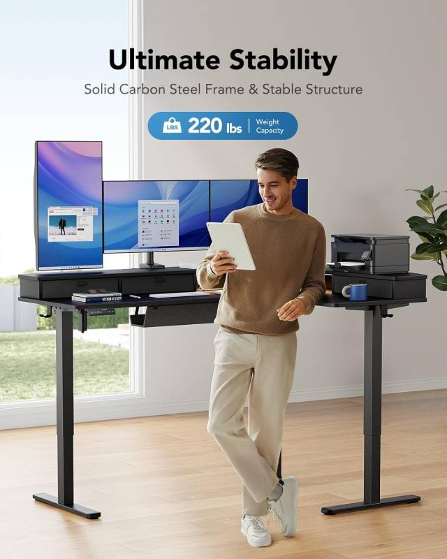 Huanuo 65" L-Shaped Standing Desk with Three Drawers