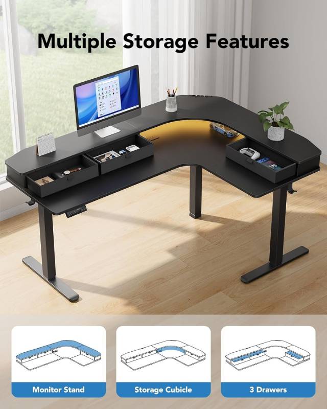 Huanuo 65" L-Shaped Standing Desk with Three Drawers