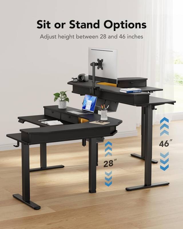 Huanuo 65" L-Shaped Standing Desk with Three Drawers
