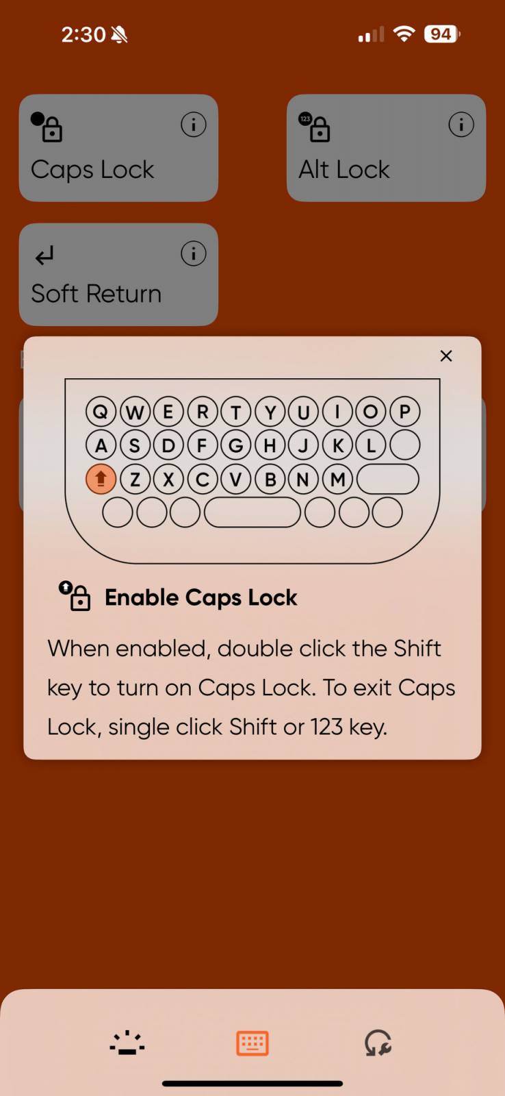 Clicks Keyboard Review: Delivers a Tactile Typing Experience, Extra Screen Real Estate, and Extra iPhone Functionality 30 Enabling the Caps Lock in the Clicks app.
