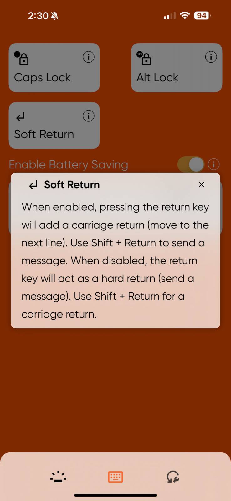 Clicks Keyboard Review: Delivers a Tactile Typing Experience, Extra Screen Real Estate, and Extra iPhone Functionality 31 Enabling Soft Return in the Clicks app.