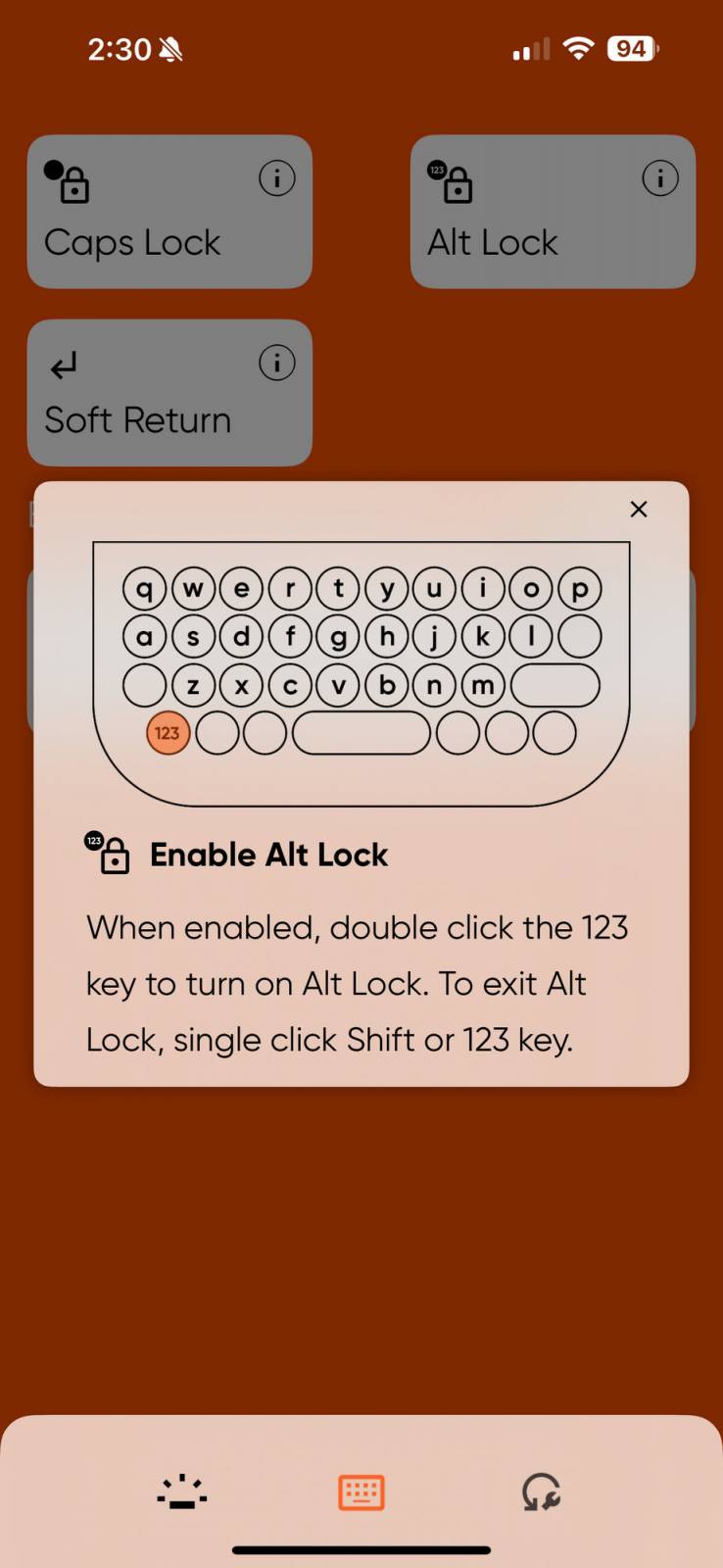 Clicks Keyboard Review: Delivers a Tactile Typing Experience, Extra Screen Real Estate, and Extra iPhone Functionality 32 Enabling Alt Lock in the Clicks app.