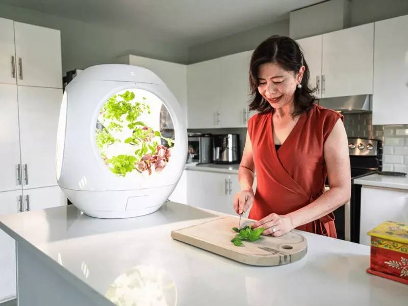 Woman cutting up vegetables next to the Plantaform Smart Indoor Garden