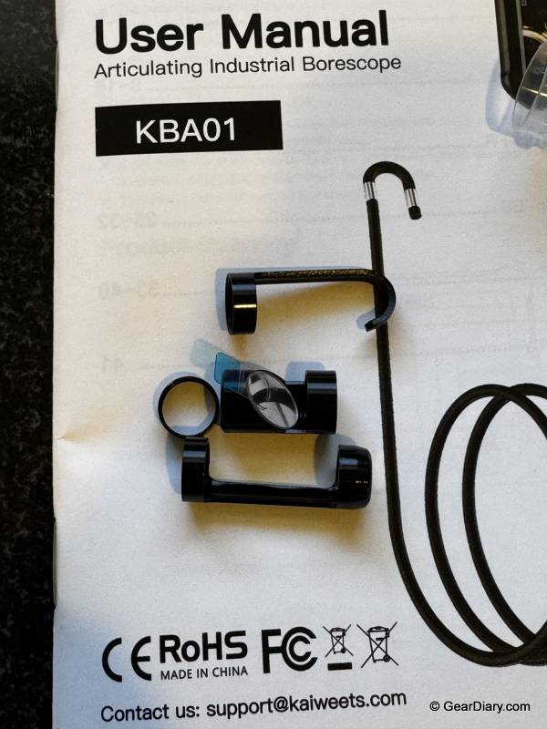 Accessories included with the Kaiweets KBA01 Articulating Borescope