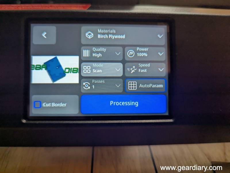 The display on the AlgoLaser Alpha MK2 20W Diode Laser Engraver