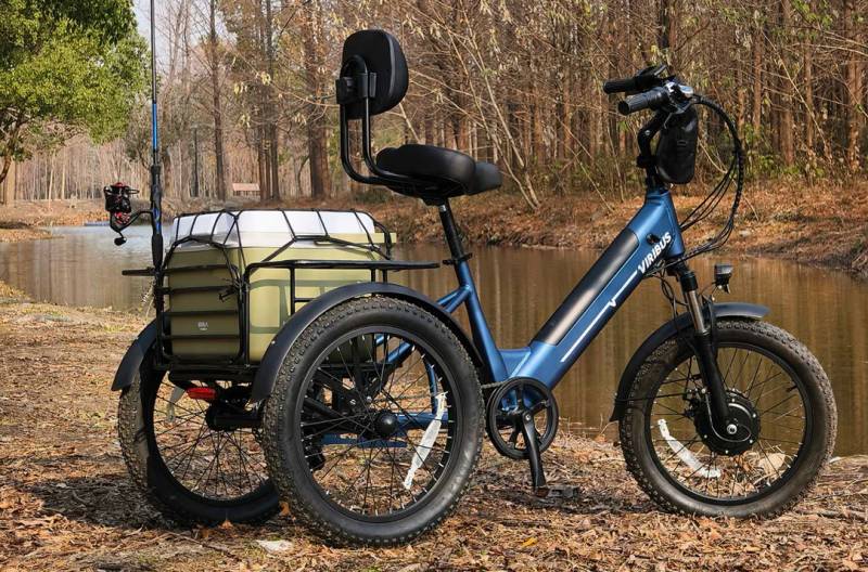 The Viribus SC5 Fat Tire Tricycle in blue parked by a pond.