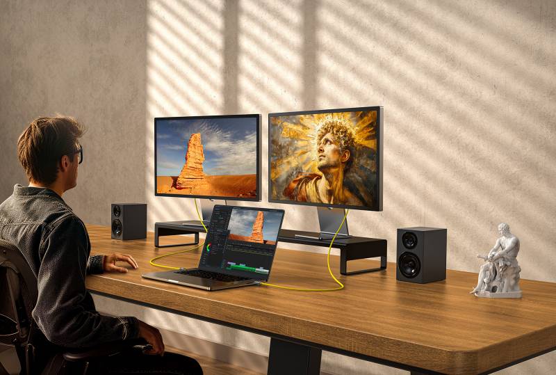 Man using the AOHi Adonis USB 4.2 Type-C Cable with his MacBook desk setup