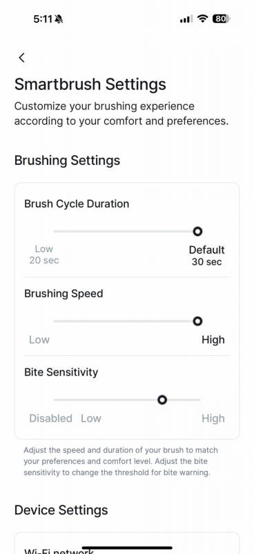 Brushing settings in the Feno app.