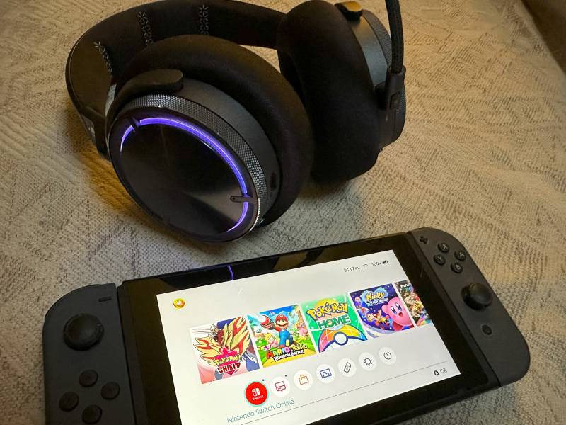 Corsair Virtuoso Max next to a Nintendo Switch.