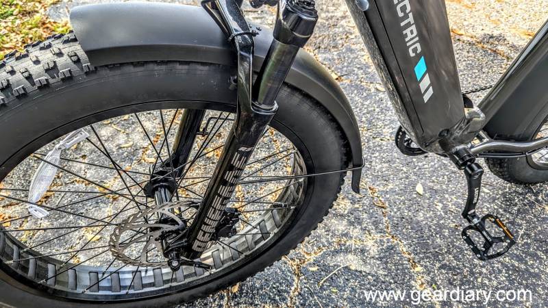 The front tire and fender on the Lectric XPeak High-Step 2.0 eBike