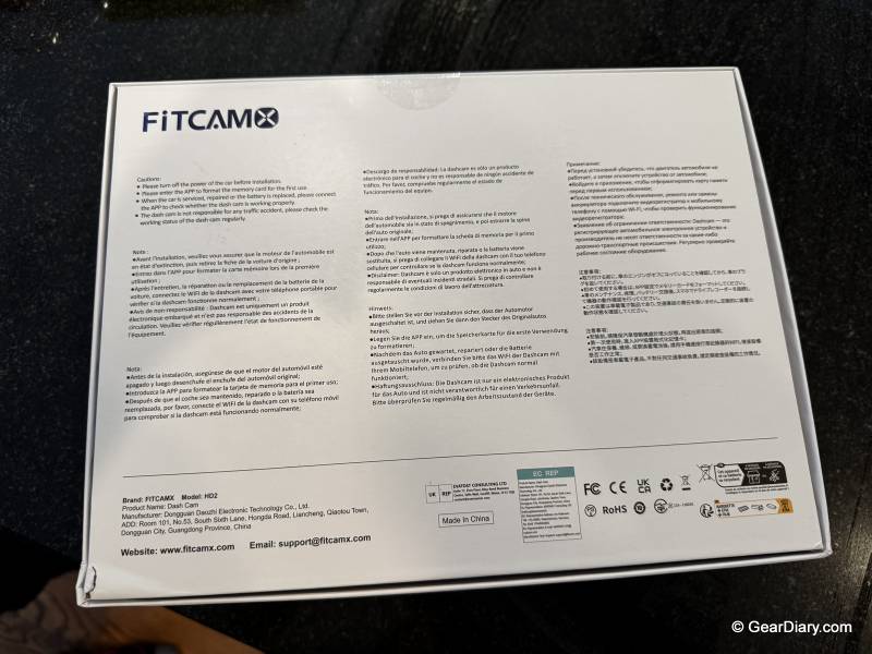 Back of the FITCAMX Dash Camretail box