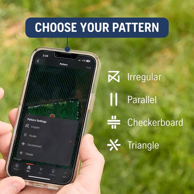 A user holding a smartphone that shows you how to change the patters for the Husqvarna Automower iQ Series to mow through the app.