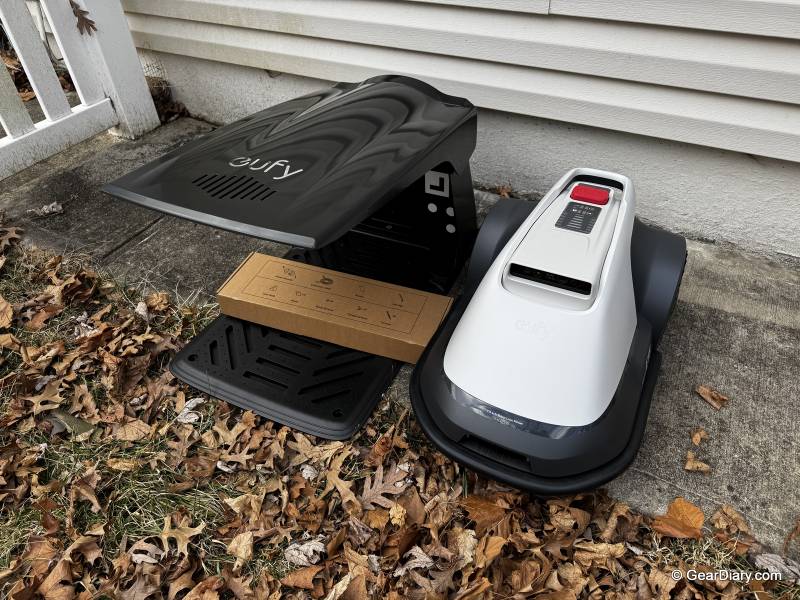 eufy Robot Lawn Mower E15 next to dock