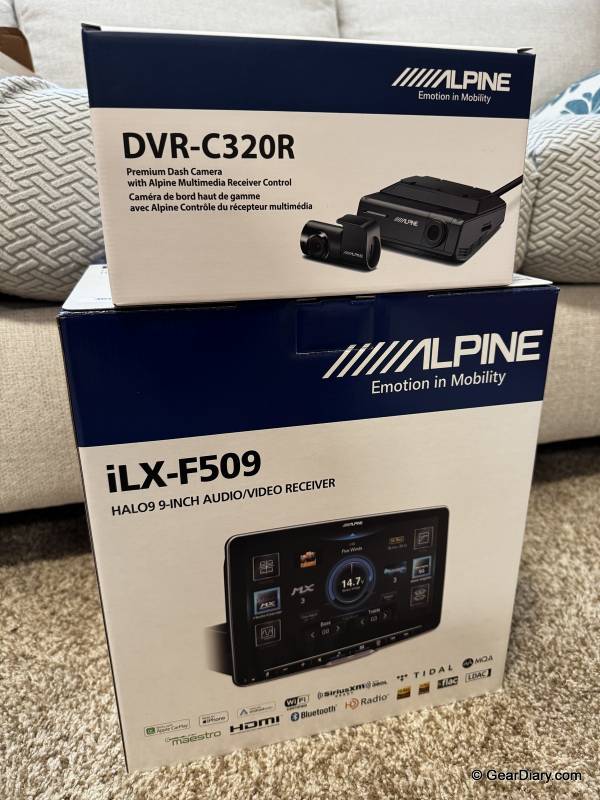 The Alpine Halo 9 and DVR-C320R Dashcam in their retail boxes