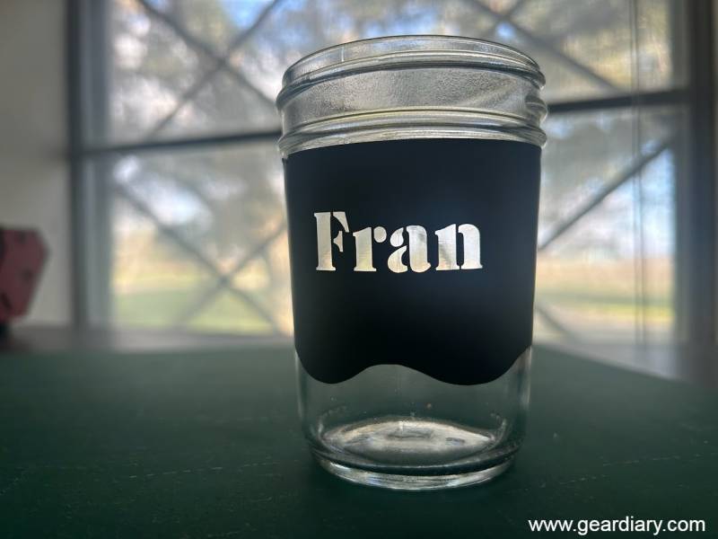 Label made on a glass with the Cricut Maker 4