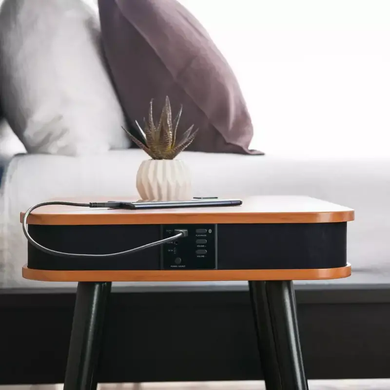 DecorTech Rectangular End Table with Bluetooth Speaker and USB Charging Port 