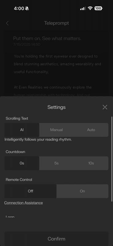 Even Realities app Teleprompter