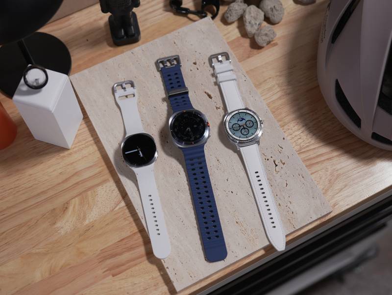 From left to right: Samsung Galaxy Watch8, Watch Ultra, and the Watch8 classic.