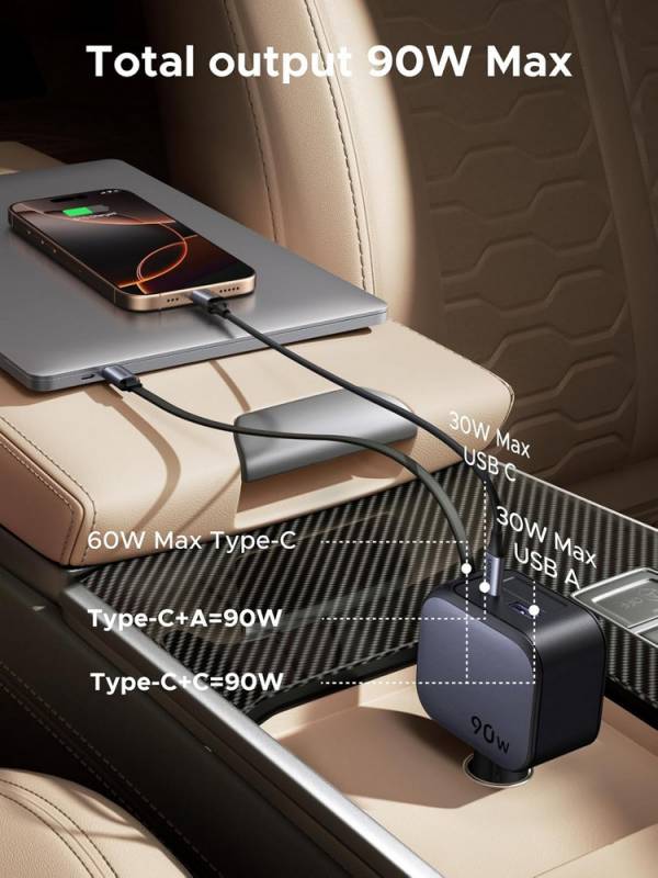 UGREEN Nexode 90W Fast Car Charger with Retractable Cable