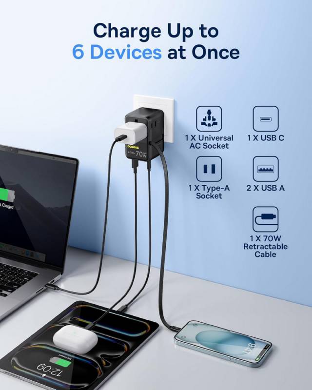 Baseus EnerCore CG11 6-in-1 Universal Travel Adapter with Retractable Cable