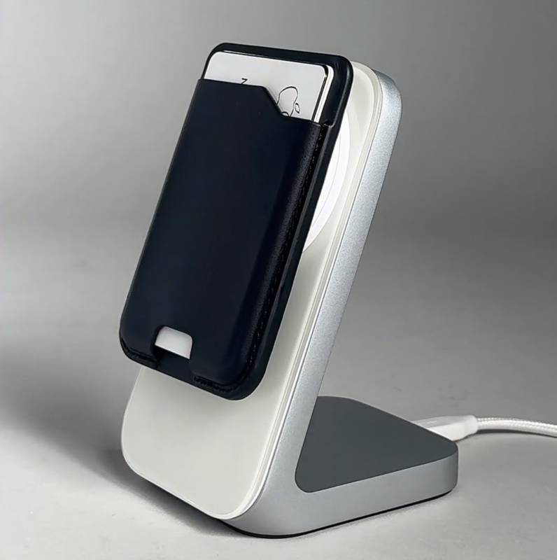 Nomad Leather Mag Wallet charging on a Nomad wireless charger