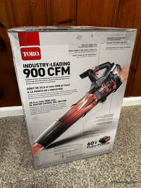 Toro 60V MAX 900 CFM Brushless Leaf Blower Review: Gas-Powered Performance Without the Hassle 2 Toro 60V MAX 900 CFM Brushless Leaf Blower in its retail box.