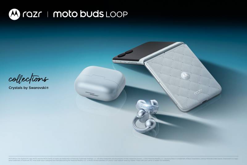 The Brilliant Collection - promotional photo of the motorola razr, the moto buds loop, and the moto buds loop's case