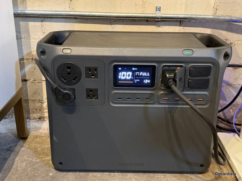 The DJI Power 2000 Portable Power Station plugged in and running.