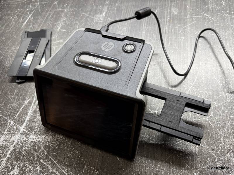 The inserted slide in the HP FilmScan 5" TouchScreen Film Scanner